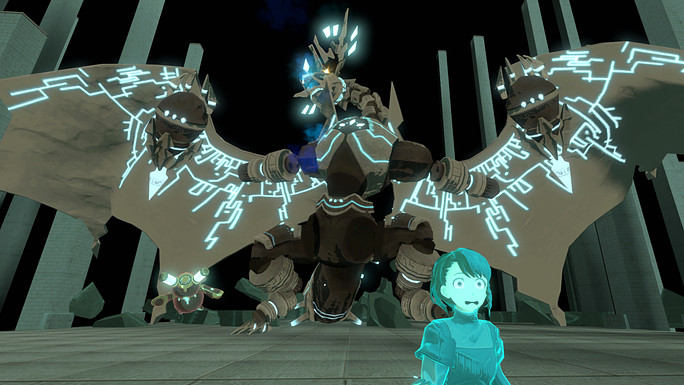 Iris making a scared face as a large, dragon-like creature attacks in a dungeon in RuinsMagus.