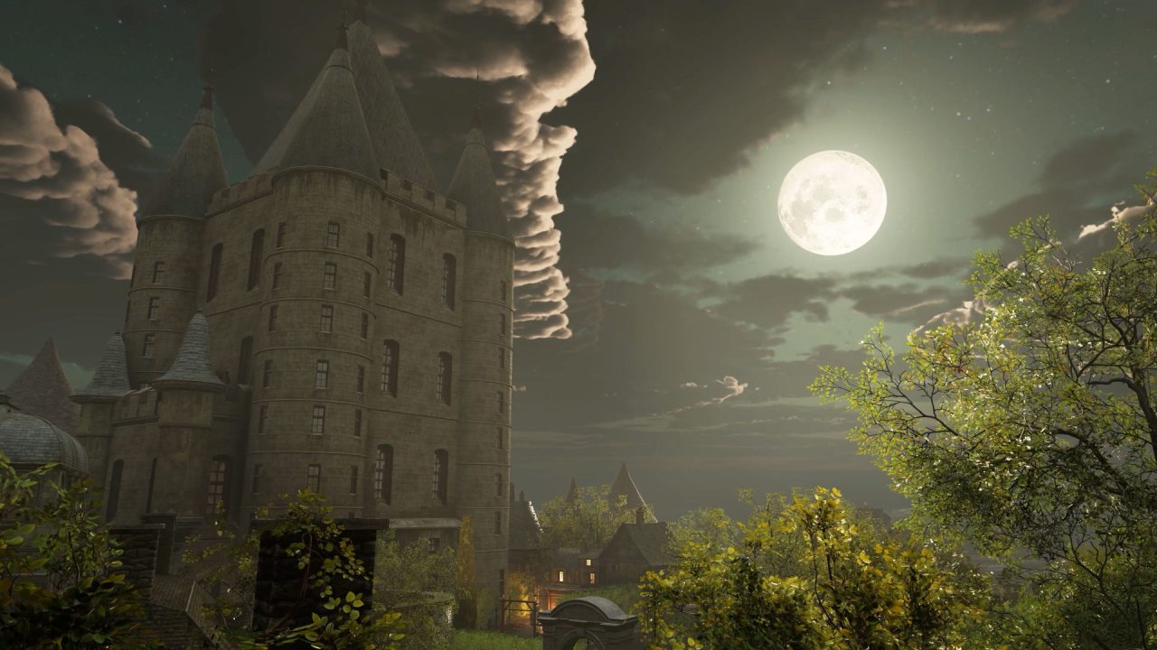 Screenshot of Steelrising, with the moon outside a large and imposing castle.