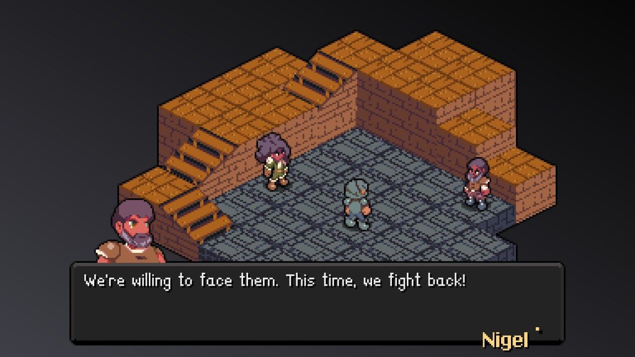 A story scene screenshot from Vanaris Tactics. Nigel states that it's time to take a stand.