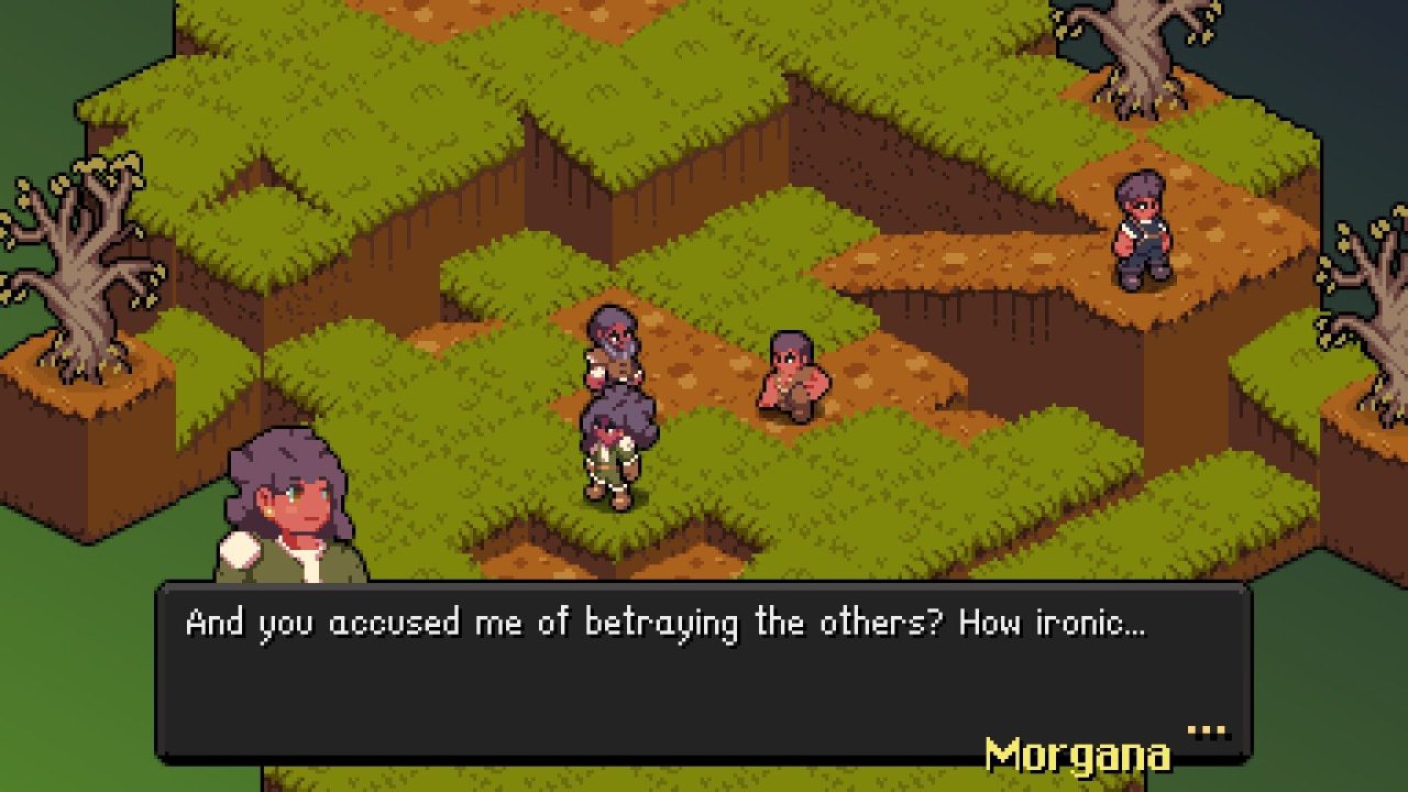 A story scene from Vanaris Tactics. Morgana questions the accusations of others, saying their claims are ironic.