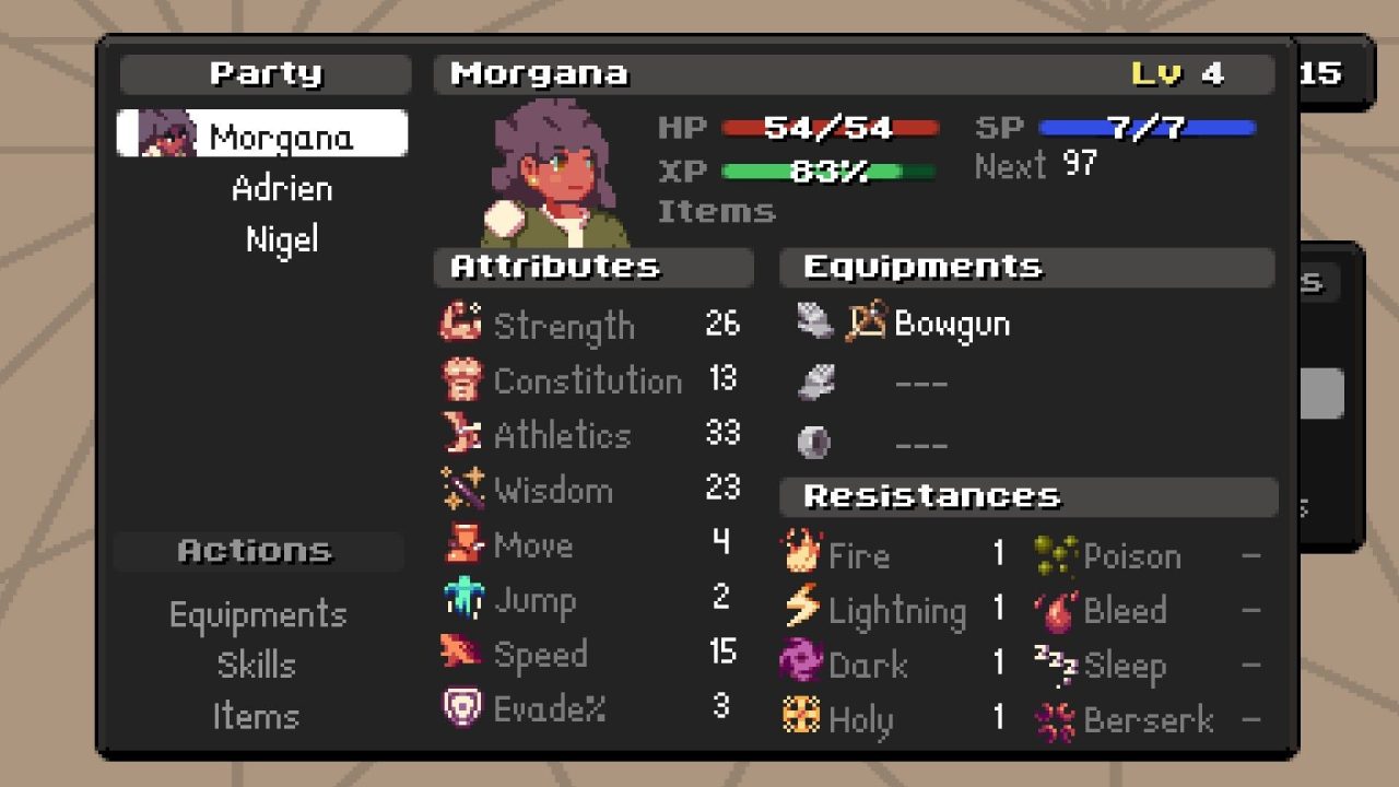 A party management screenshot from Vanaris Tactics displaying Morgana's current stats.