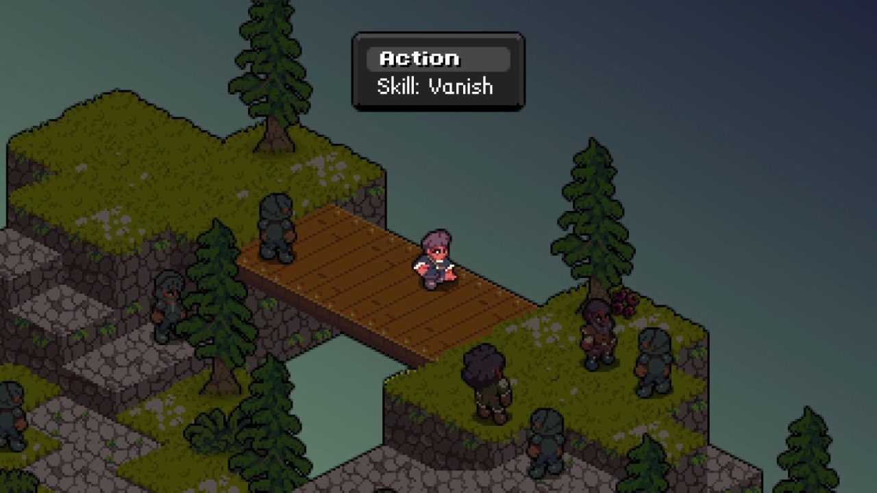 A battle screenshot from Vanaris Tactics with the character using the "vanish" skill on a bridge.