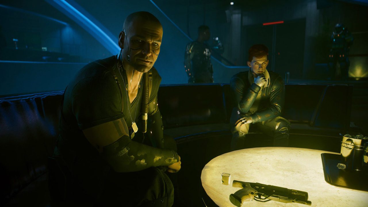 Characters sitting tensely around a table with a pistol on it in Cyberpunk 2077: Phantom Liberty.