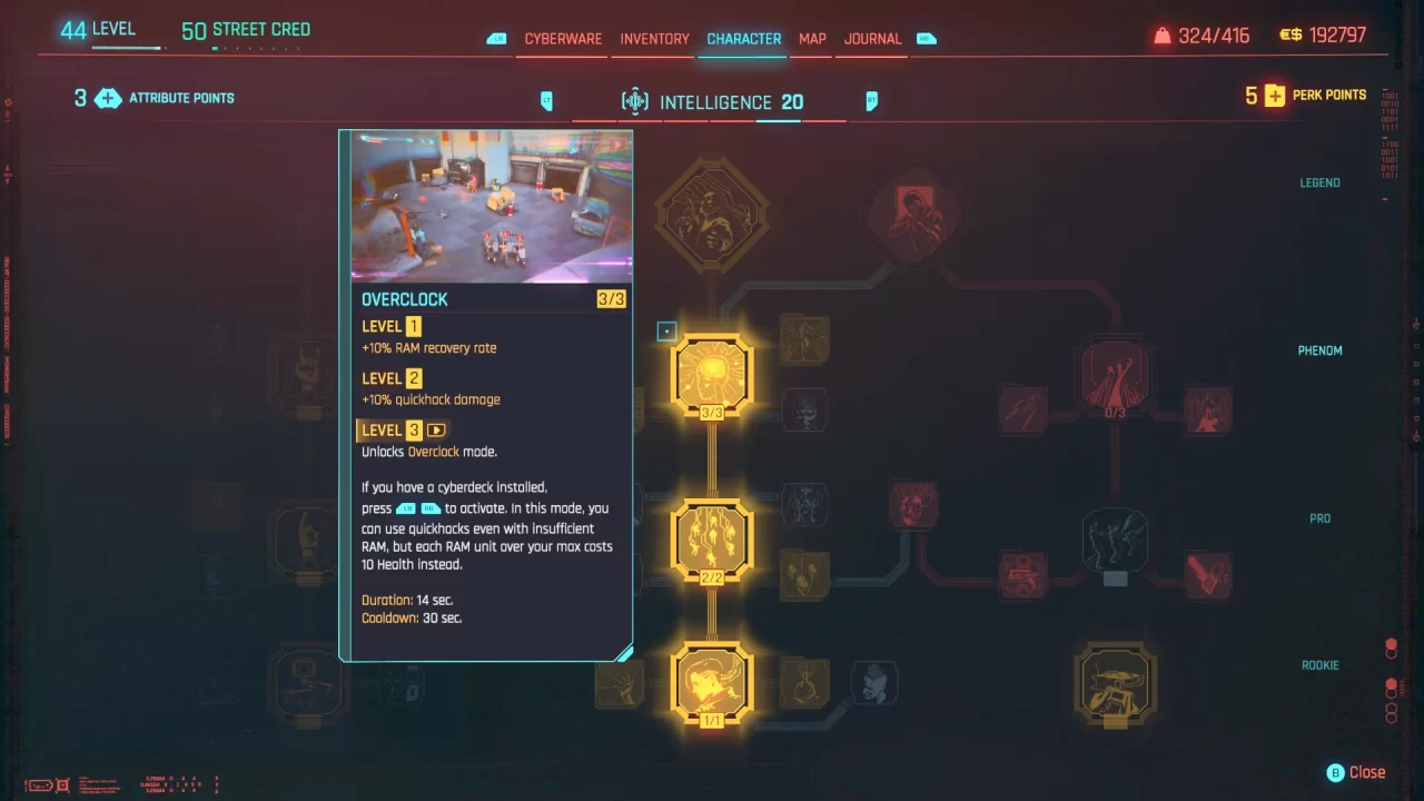 Showing the revamped skill tree for Intelligence in Cyberpunk 2077: Phantom Liberty.