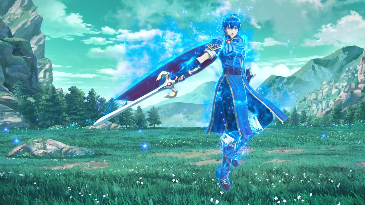 A screenshot of a blue haired person holding out a sword in a field in Fire Emblem Engage