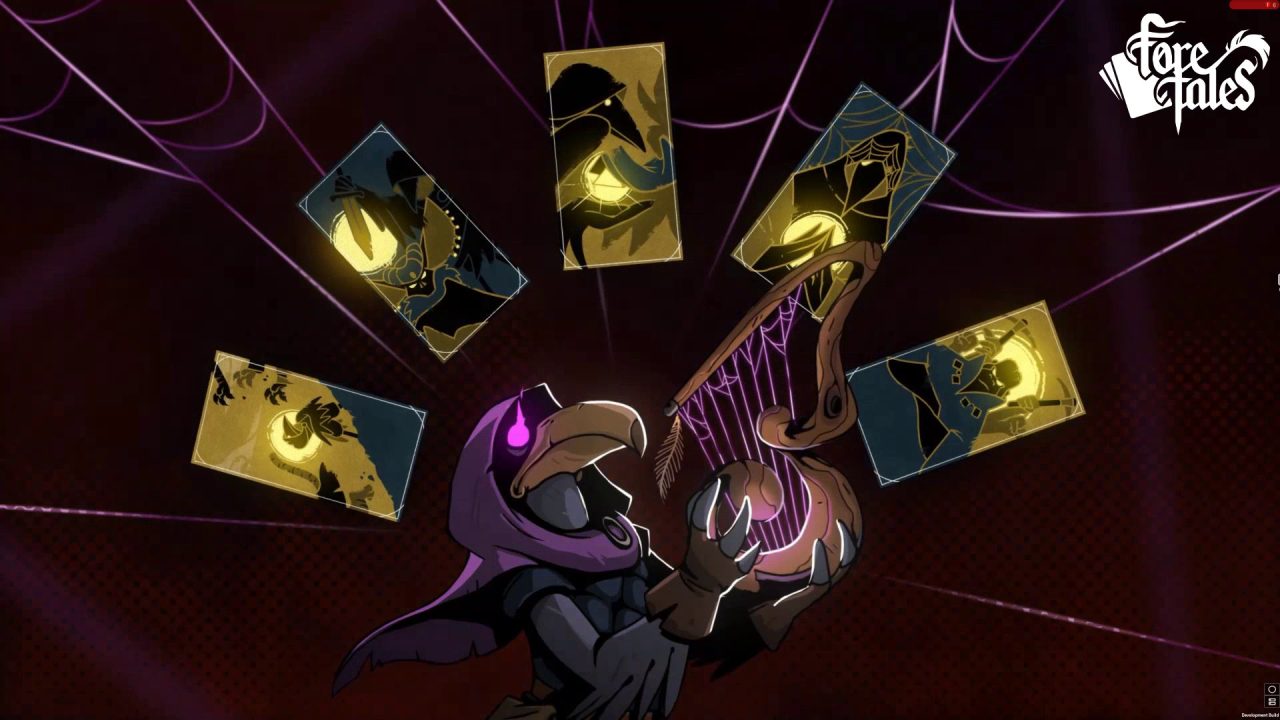 Foretales screenshot of a hooded raven holding a harp strung with spiderwebs with raven tarot cards surrounding them.