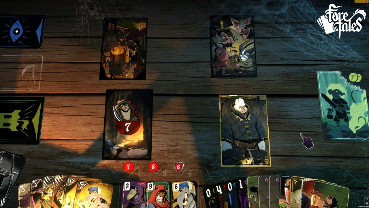 A typical board layout in Foretales with character cards and a hand.
