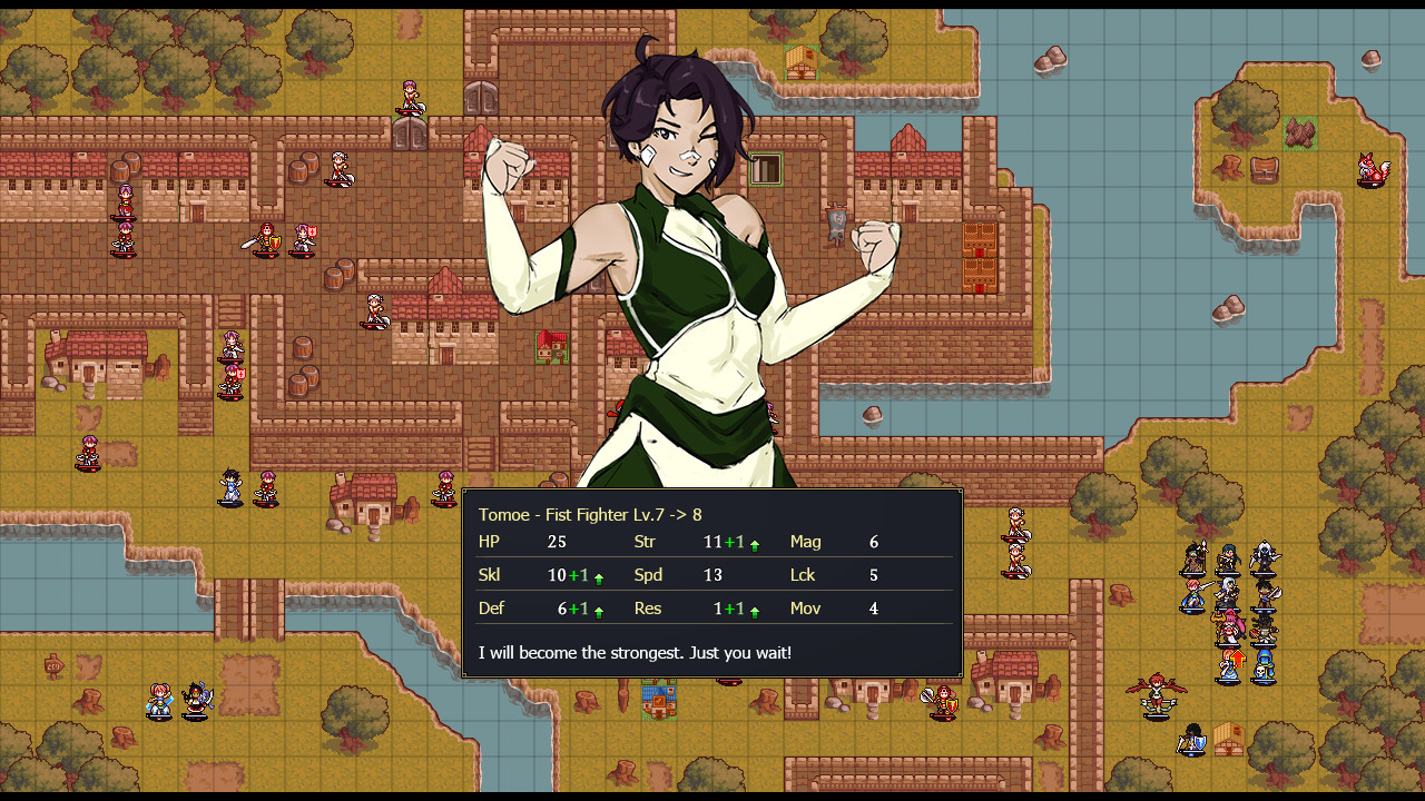 Gales of Nayeli screenshot - Battle map set in a fortified town, overlaid with a character image.