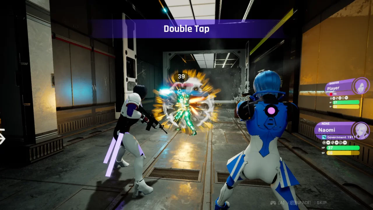 The Player and Naomi fire upon an enemy in a hi-tech hallway in Guns Undarkness.