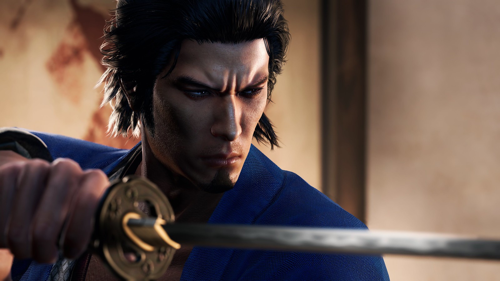 A screenshot of Like a Dragon: Ishin! depicting protagonist Sakamoto Ryōma pointing a katana forward blade first.
