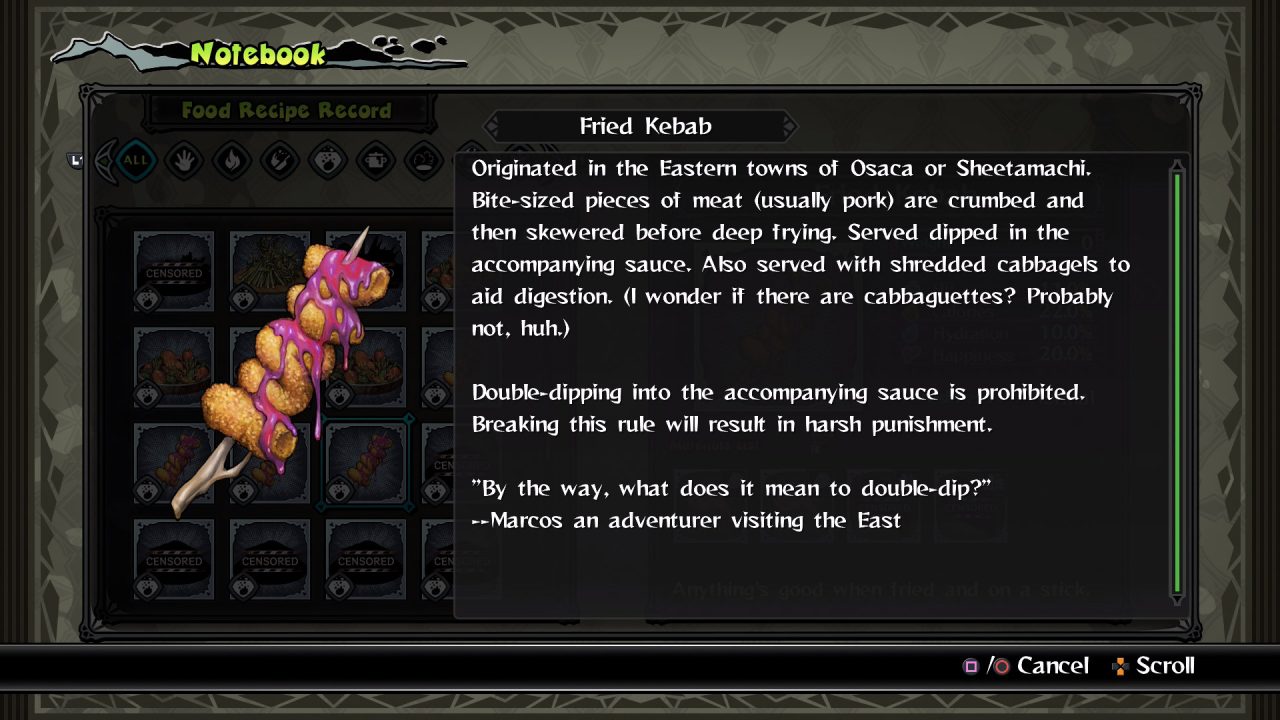 Monster Menu: The Scavenger's Cookbook screenshot of a Fried Kebab's description