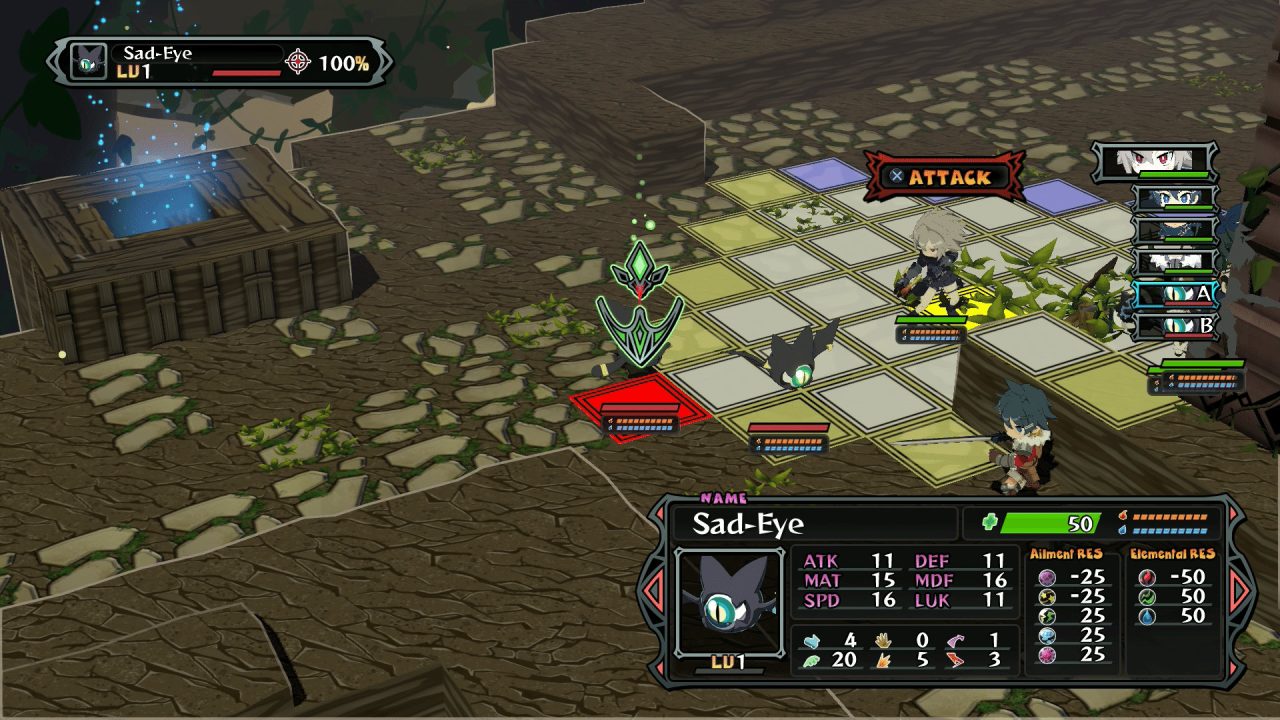 A grid pops up during a battle in Monster Menu: The Scavenger's Cookbook.