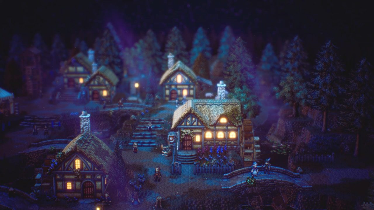 A screenshot of a town at night in Octopath Traveler II.