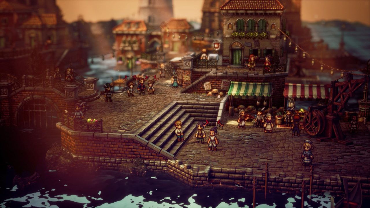 A screenshot of a bustling town at dusk in Octopath Traveler II