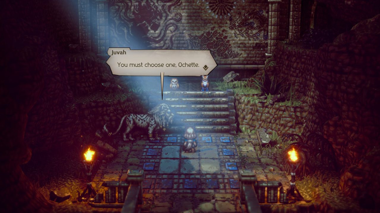 A screenshot of Ochette choosing her companion in Octopath Traveler II