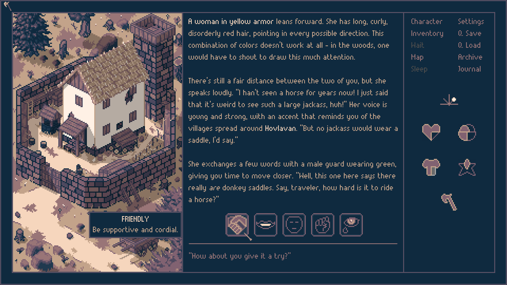 Roadwarden screenshot of a cabin and narrative describing a conversation about horses with an armored woman.