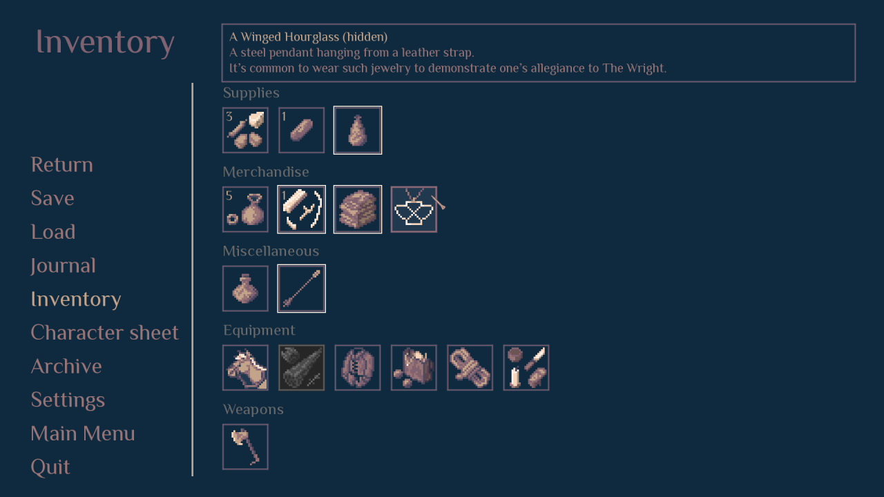 Inventory screen, complete with horse!