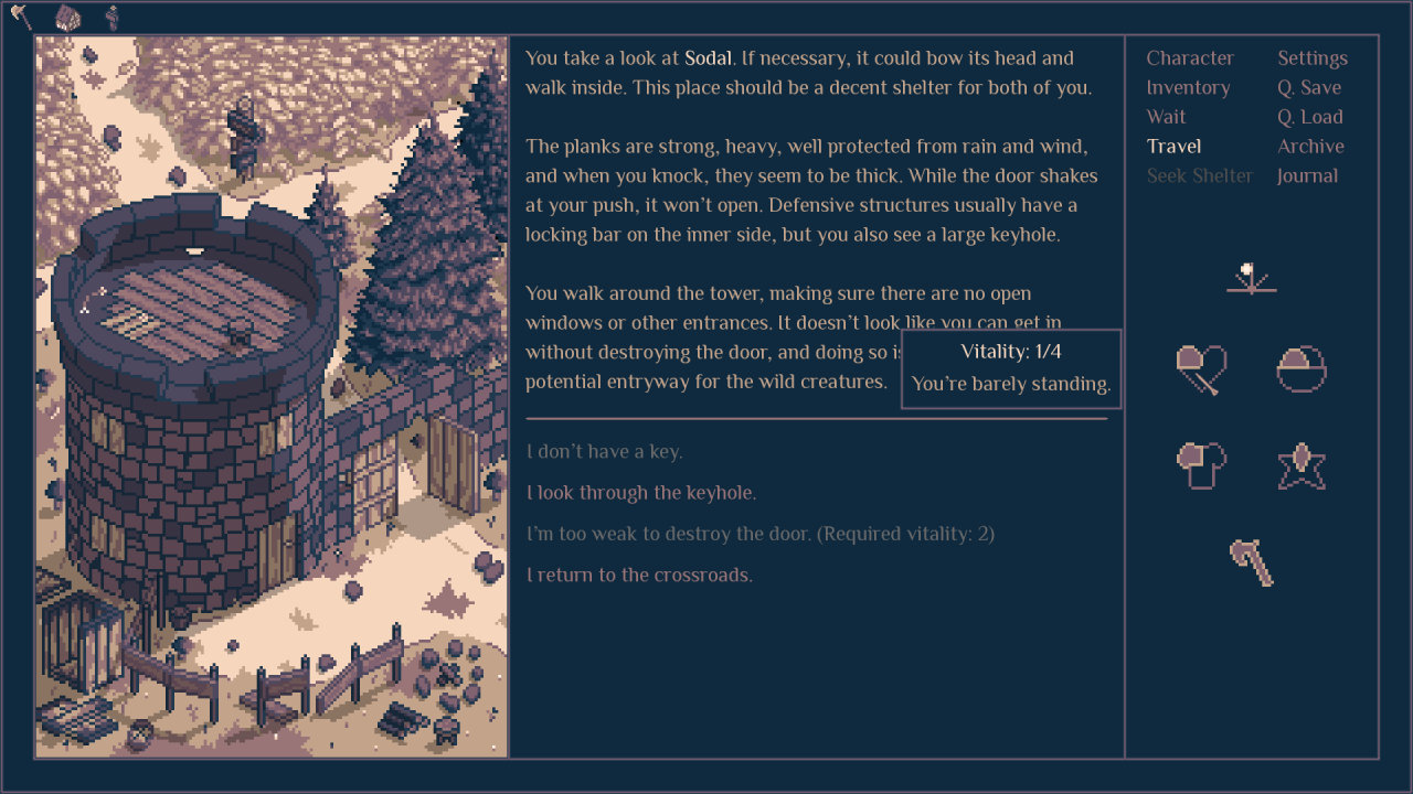 Stats not looking so hot in Road warning, with Vitality showing in a text box as "1/4: You're barely standing."