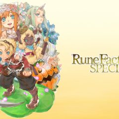 A screenshot of artwork depicting the logo of Rune Factory 3 Special in golden font, the three covered in a blooming kaleidoscope of orange and green flowers.