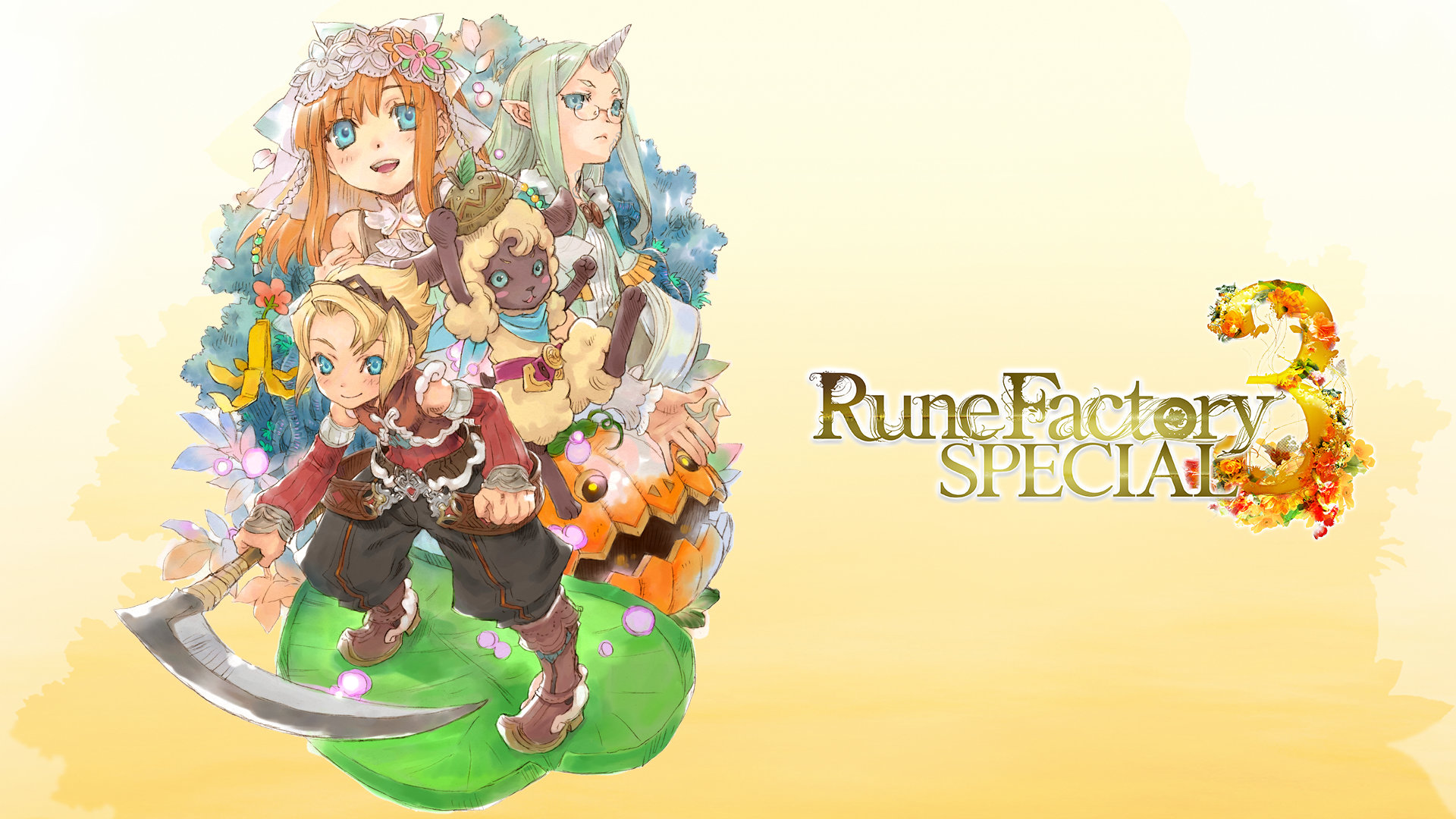 A screenshot of artwork depicting the logo of Rune Factory 3 Special in golden font, the three covered in a blooming kaleidoscope of orange and green flowers.