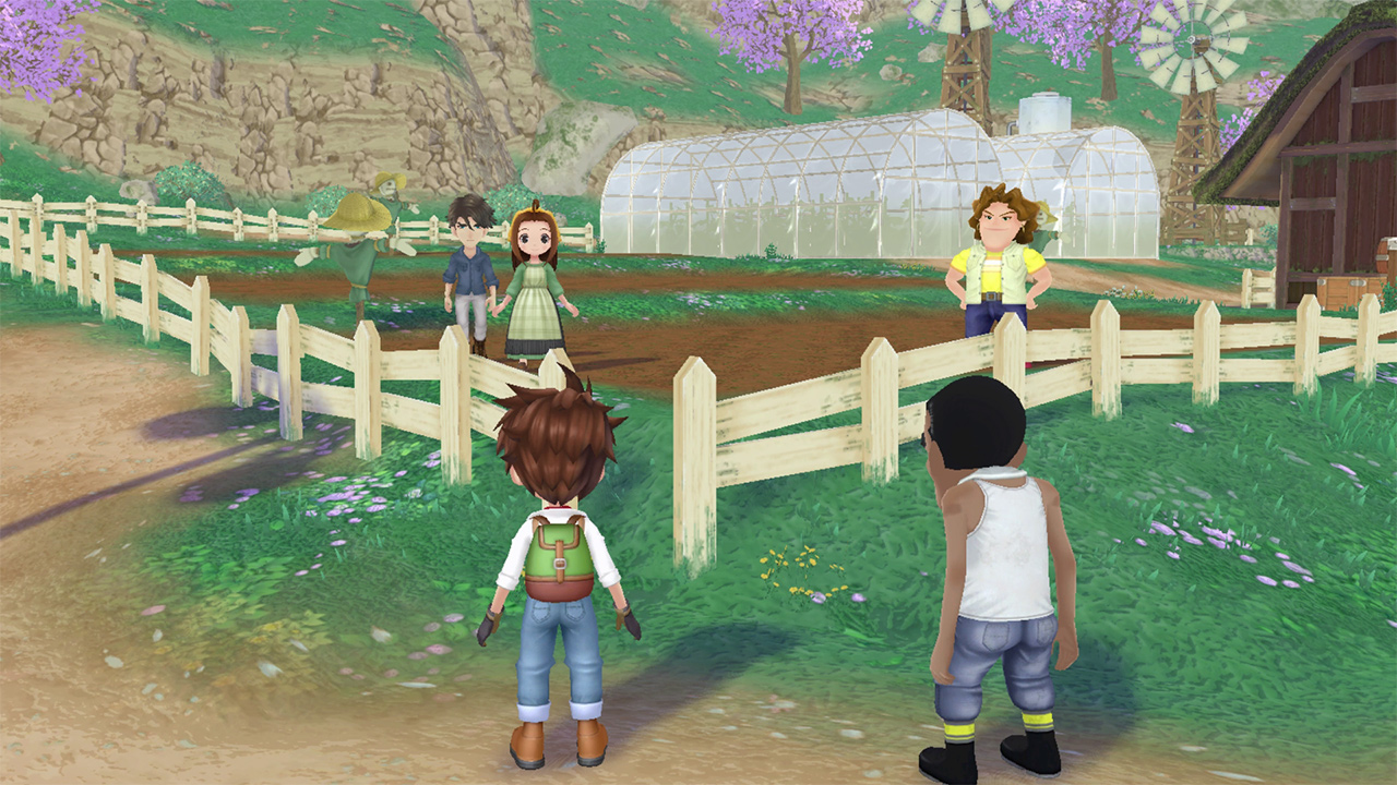 The player character and several others standing around a farm in Story of Seasons: A Wonderful Life.