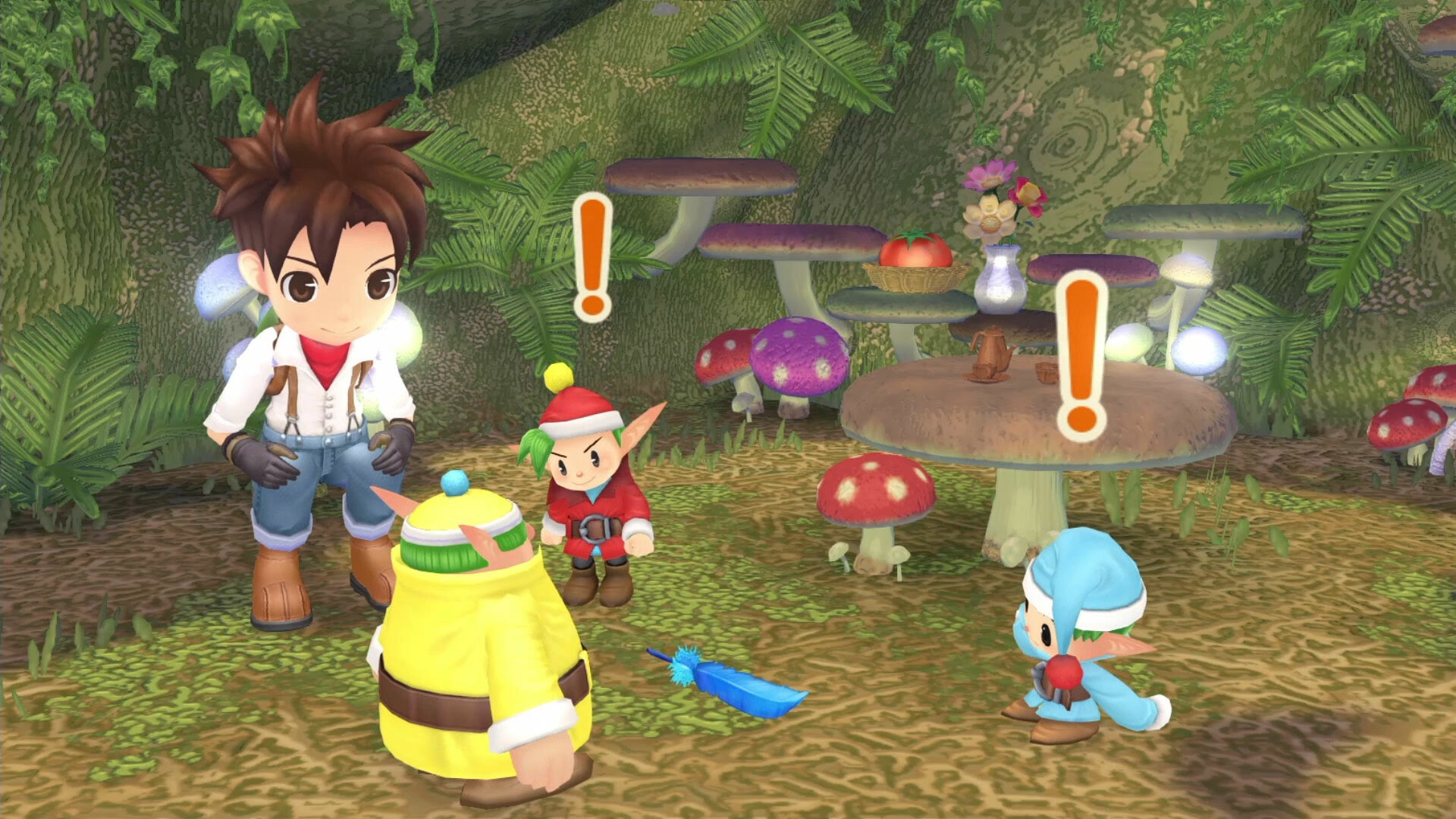 Story of Seasons: A Wonderful Life Screenshot of a male farmer in a mushroom cave hanging out with cute sprites