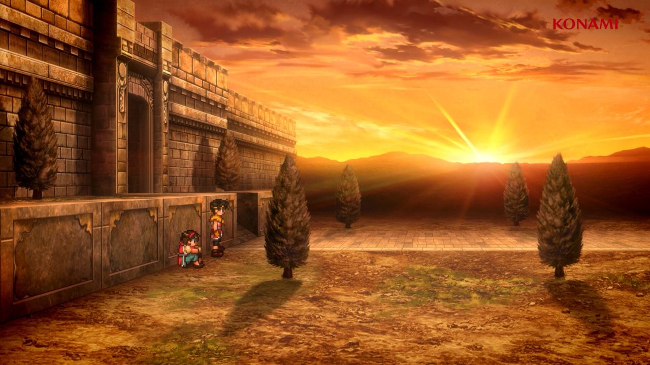 A screenshot outside of the gates of Muse at sunset in Suikoden II