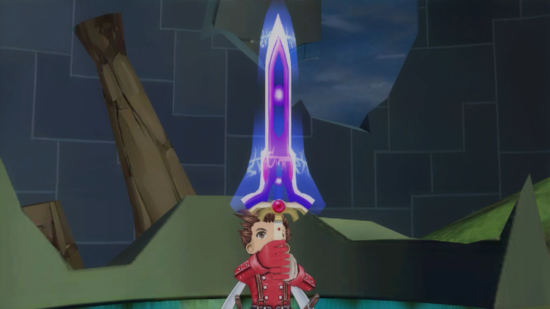 A screenshot of Tales of Symphonia Remastered depicting protagonist Loyd, wearing a red jacket, looking upwards at a sword comprised of ominous purple light.