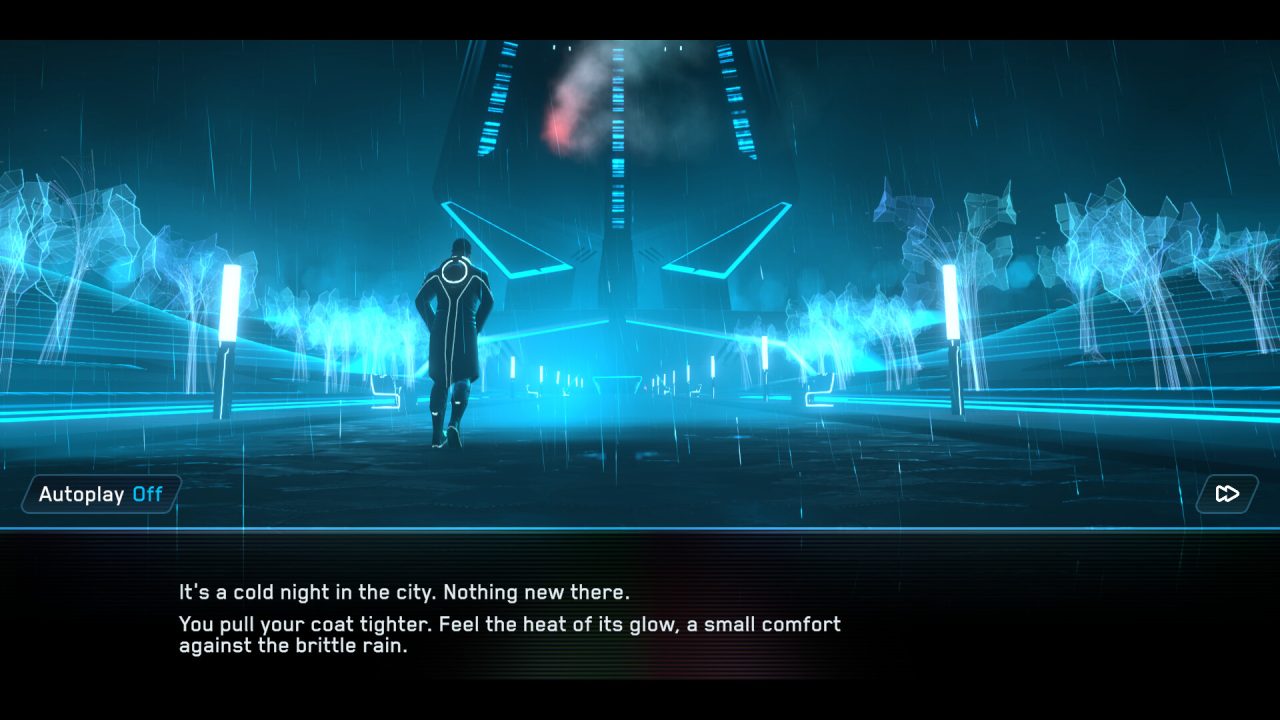 Screenshot from Tron: Identity featuring Query in a black and white coat standing in front of the Repository on a rainy night.
