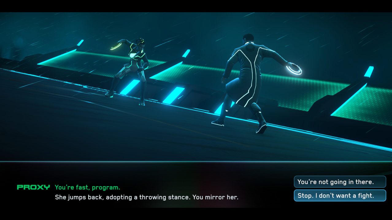 A Screenshot From Tron: Identity featuring two characters about to engage in a disc battle.