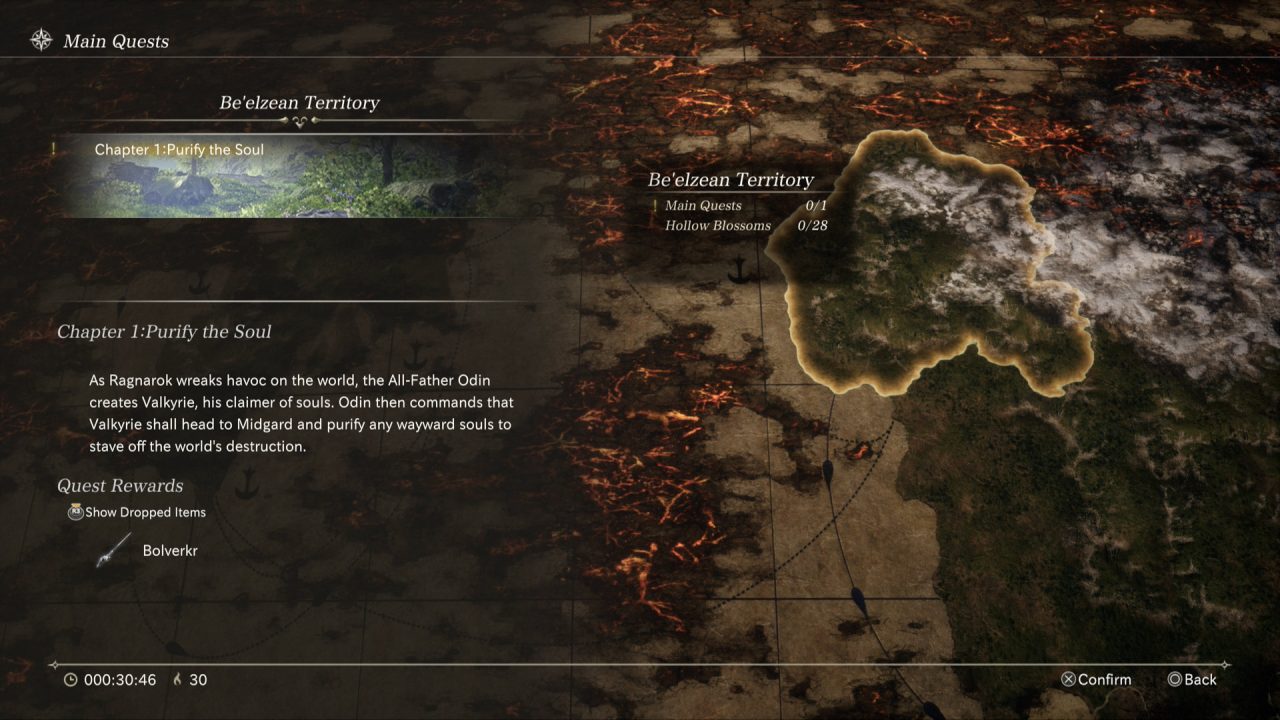 Valkyrie Elysium's world map detailing different regions, countries, and the quests found within them.