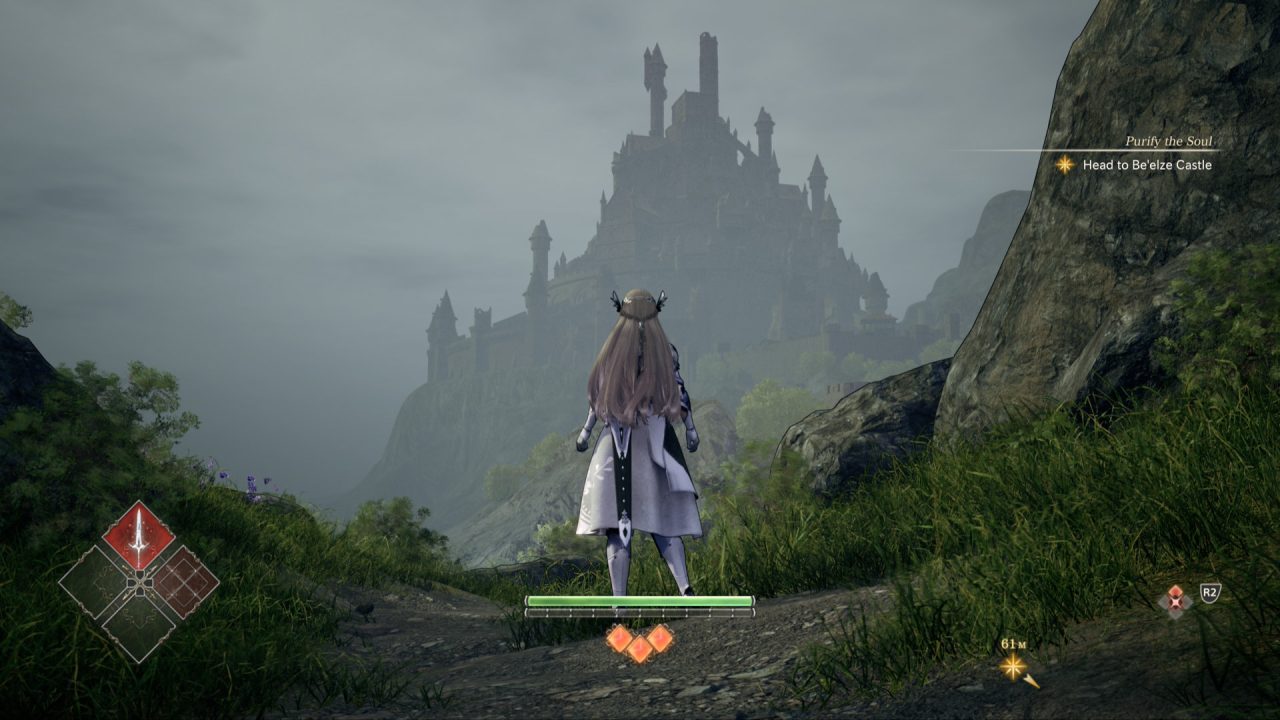 Valkyrie Elysium's main character Valkyrie staring out at a castle in the fog.