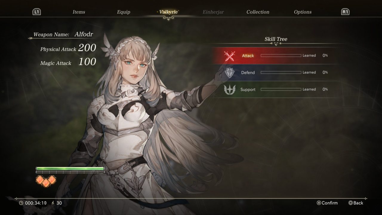 Valkyrie Elysium skill tree menu showing offense, defense, and support trees.