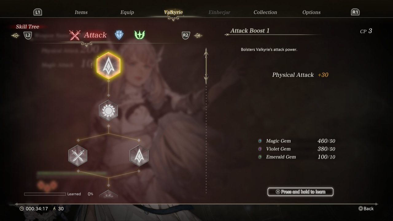 Valkyrie Elysium skill tree where players can spend gems to get new abilities.