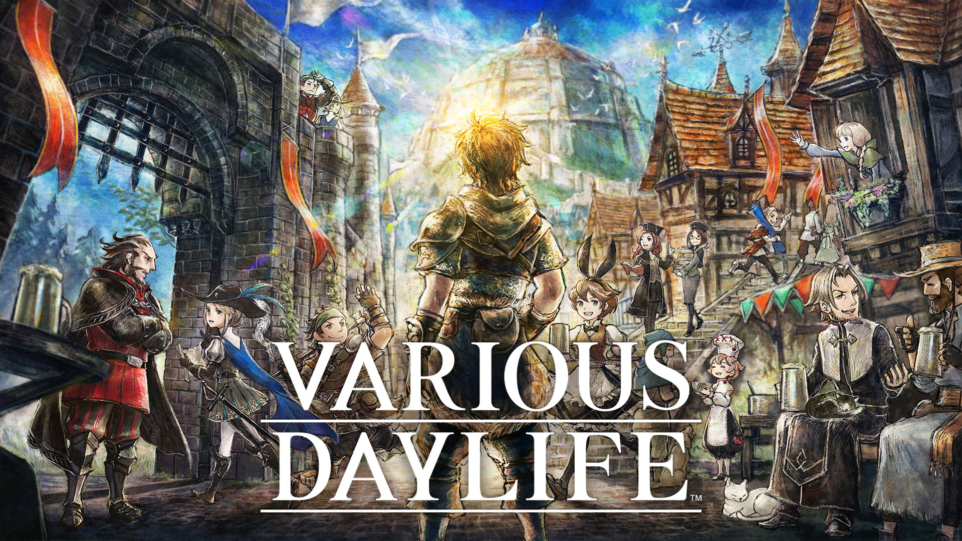 Concept art depicting the words Various Daylife set before a backdro of a sunlit city gate, with people transfixed while walking.