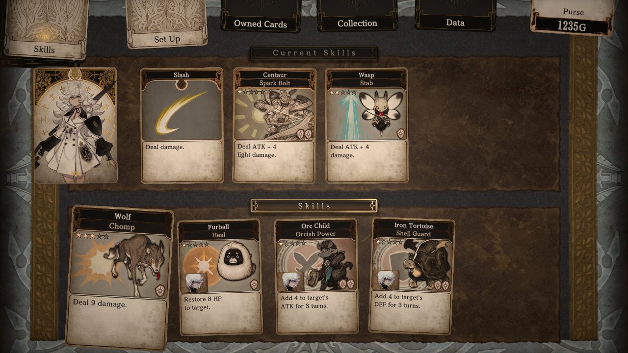 A skill management screenshot from Voice of Cards: The Beasts of Burden.