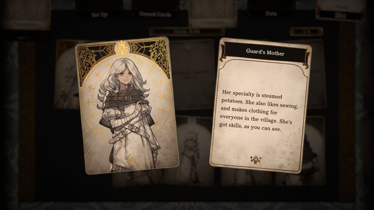 A screenshot of a character story card from Voice of Cards: The Beasts of Burden.