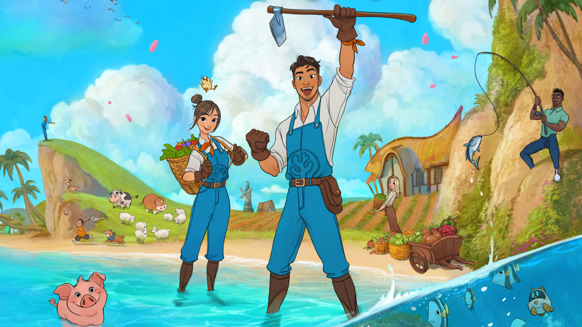Coral Island artwork of a male and female farmer on the beach with residents in the background fishing, carrying crops, and walking with animals.