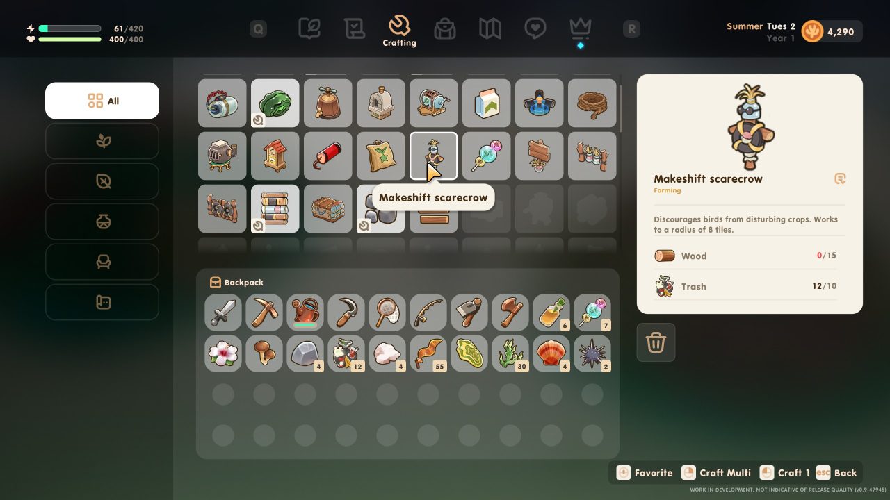 Coral Island screenshot of a crafting menu with a makeshift scarecrow made of an old tire, wood, and a plastic bottle.