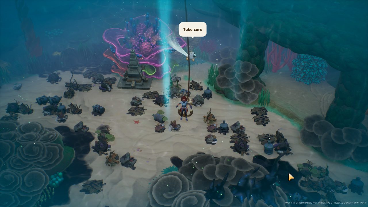 Coral Island screenshot of player character in a diving suit surrounded by coral and trash with a floating robot friend saying Take Care.
