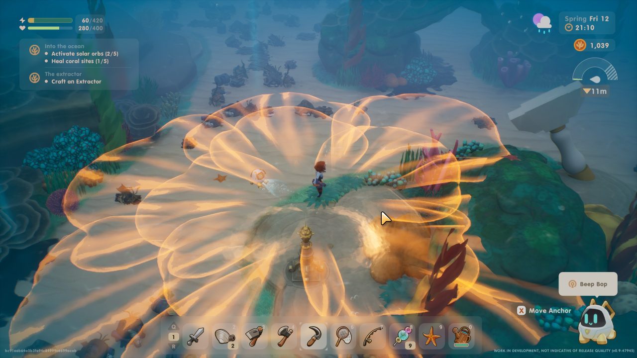 Coral Island screenshot of an underwater beacon emitting a floral-shaped pulse of light to heal the reef.