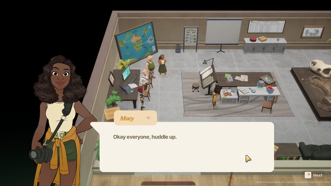 Coral Island screenshot of Macy asking other characters to huddle up so she can take a photo in the museum's back room.