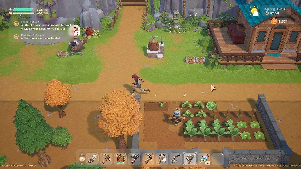 Coral Island screenshot of a farmer running past their crops with a makeshift scarecrow set up.