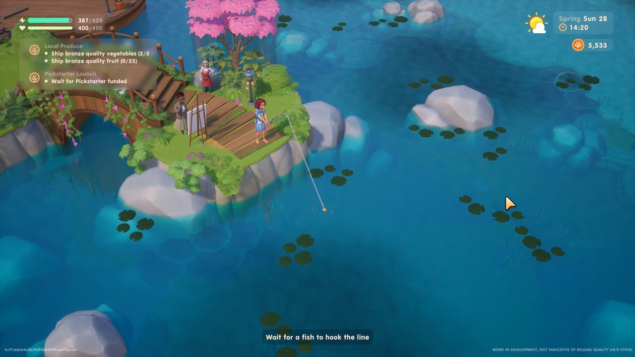 Coral Island screenshot of the player character fishing in a lake as a local artist paints on a canvas on an easel.