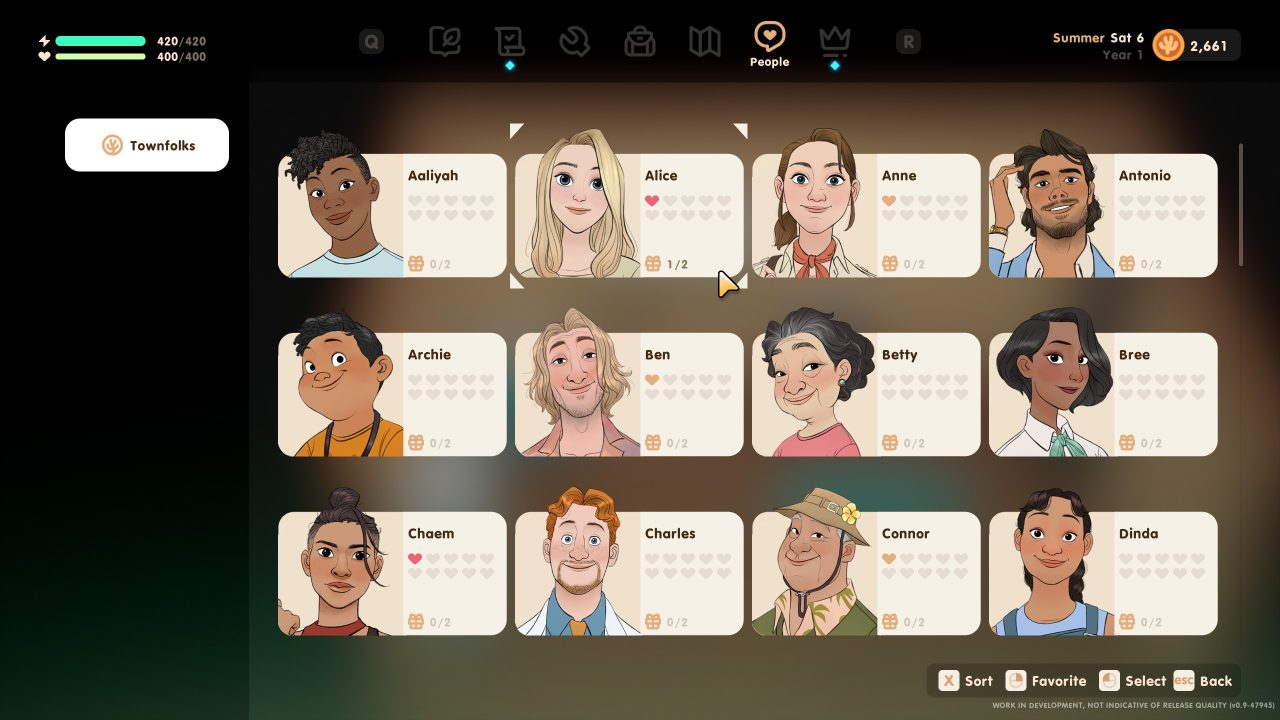 Coral Island screenshot of the in-game People menu showing character cards for 12 of the island residents and friendship levels.