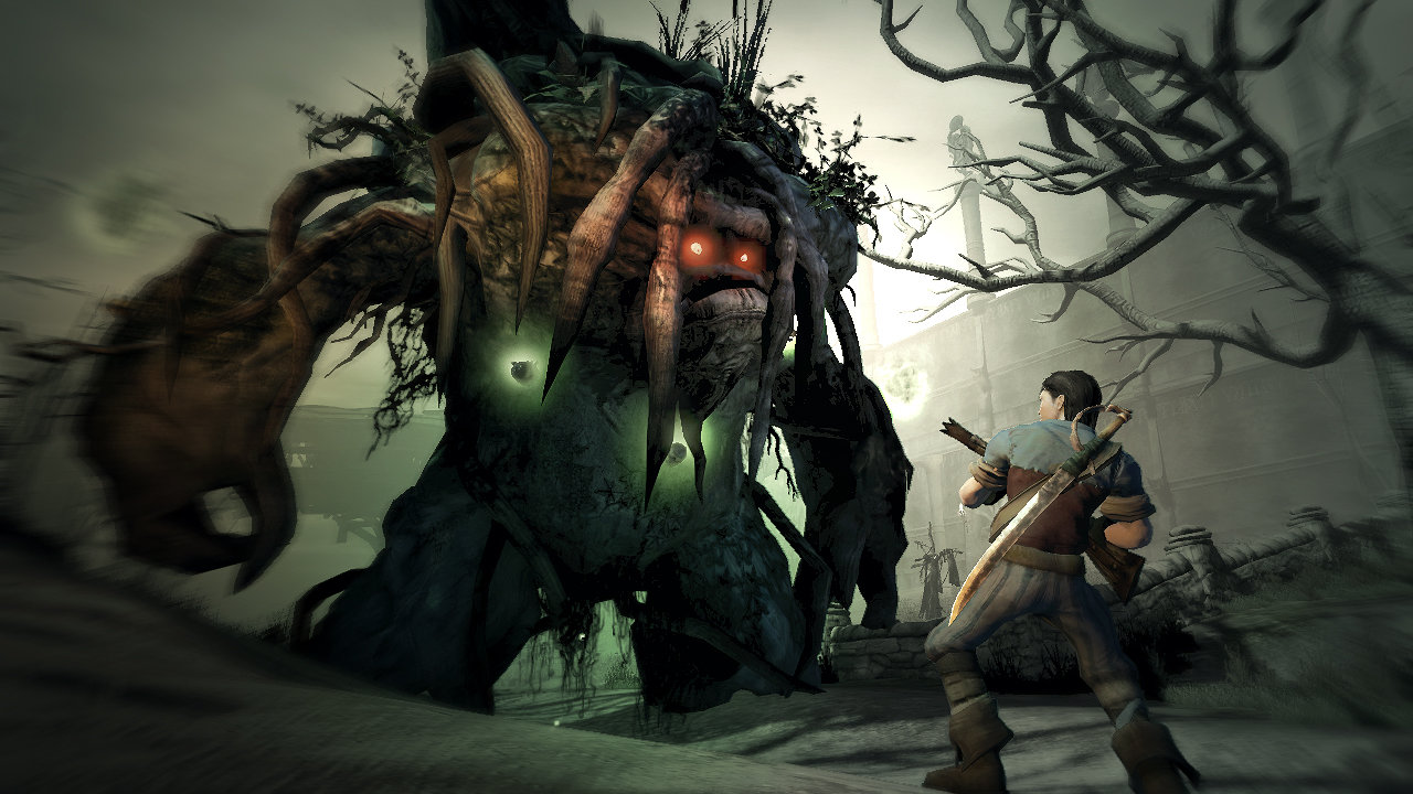 A screenshot of a character fighting a large beast in Fable II
