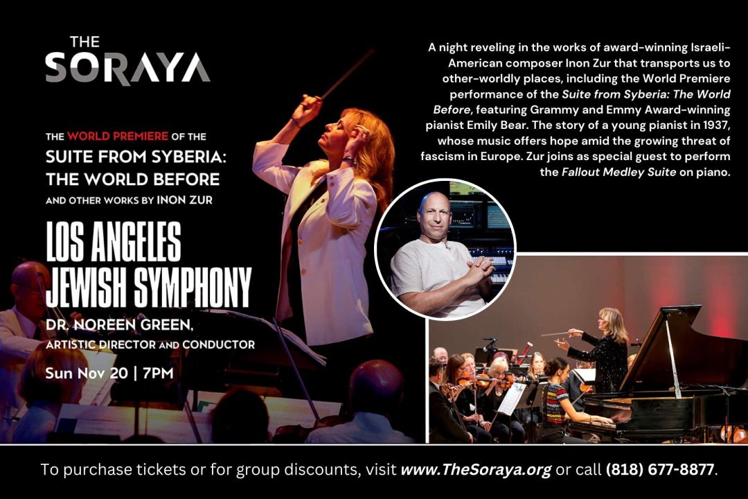 Advertisement describing the Suite from Syberia concert, with photos of the conductor and musicians, and one circle in the middle of the spread containing a featured photo of Inon Zur.
