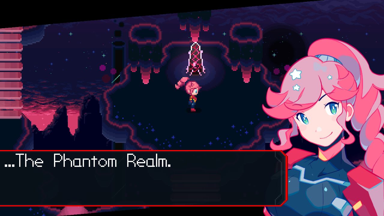 LunarLux screenshot - A gloomy area overlaid by a dialogue window and the main character's portrait. She says, "...The Phantom Realm."