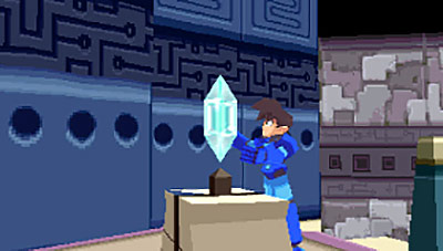 Mega Man Legends Screenshot of Mega Man reaching for a large crystal refractor on a dungeon pedestal