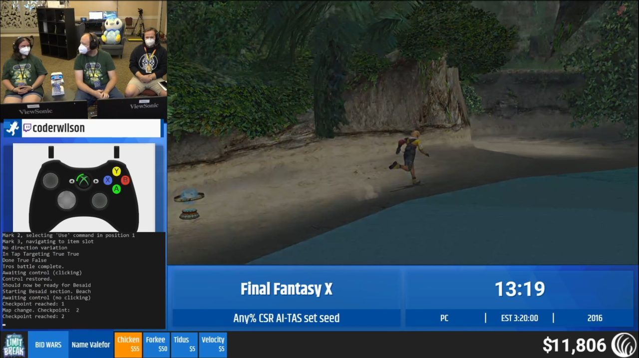 Screenshot of RPGLimitBreak 2022 featuring a run of Final Fantasy X. Includes an image of the runners, an image from the game with main character Tidus running through a beach, and the tracker for the current donation total and runtime.